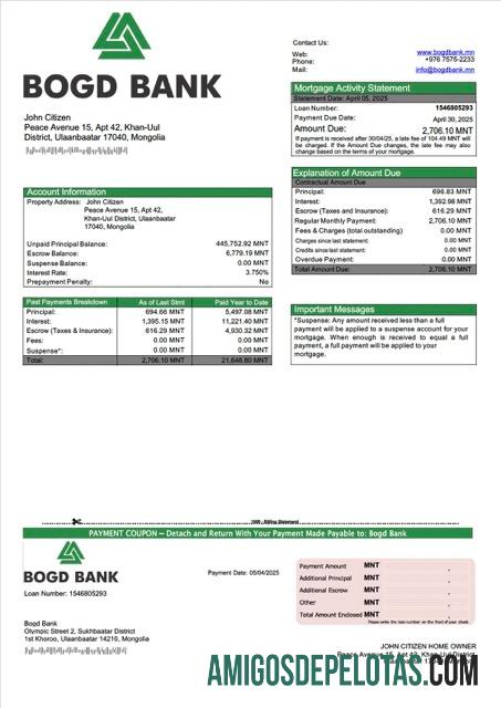 realista Modelo Word e PDF de extrato de hipoteca do Banco Bogd da Mongólia